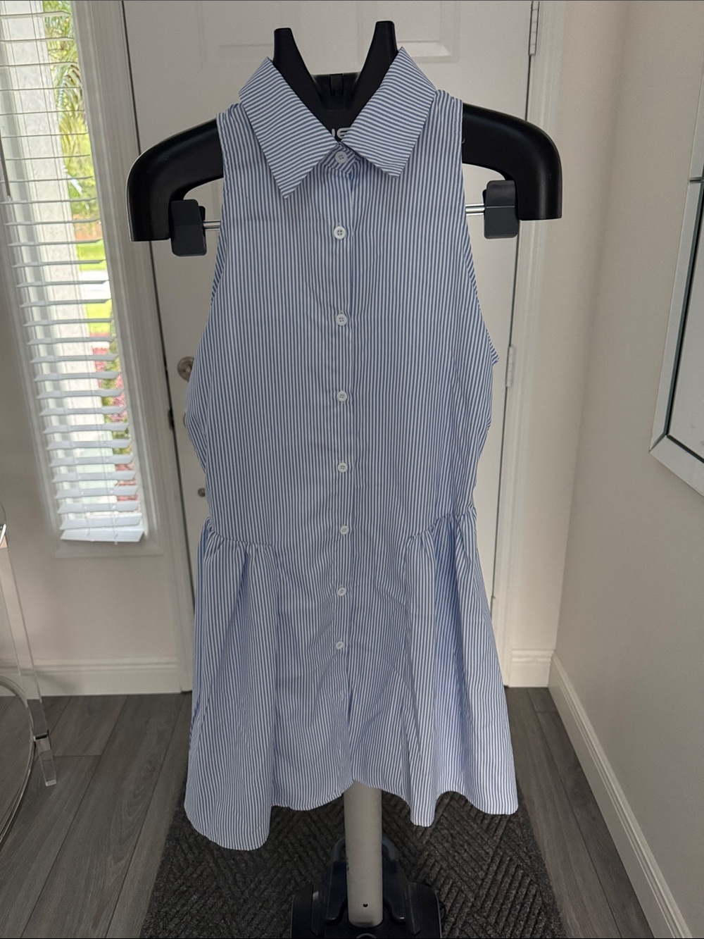 SHEIN Blue & White Pinstripe Sleeveless Shirt Dress